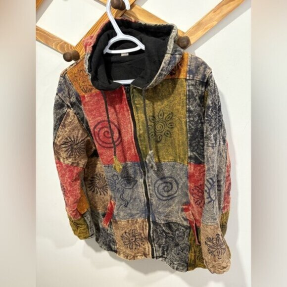 Hippie Boho Vintage Retro Cotton Symbols Fleece Lined Jacket Festival Nepalese - Picture 1 of 11